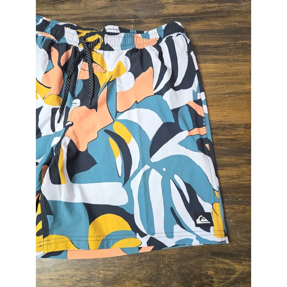 Quiksilver Mens‎ XXL Tropical Leaf Print Swim Trunks Blue Orange Board Shorts
